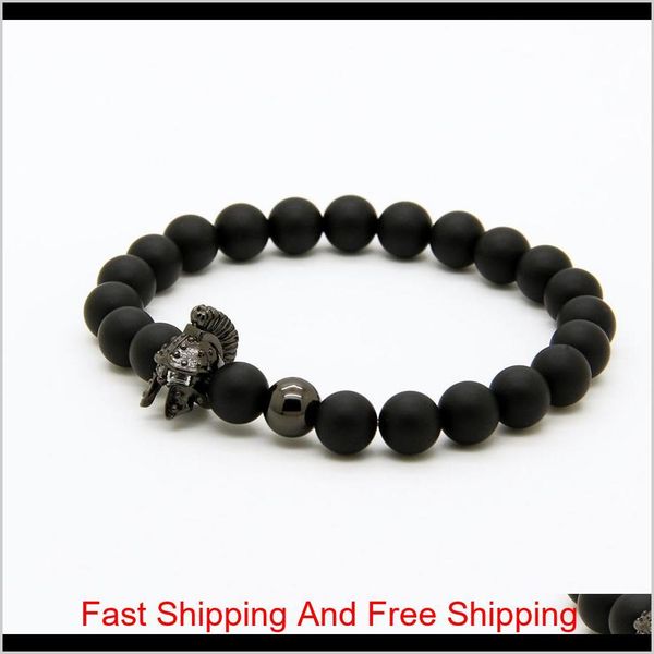 

mens jewelry 8mm a grade matte agate stone new roman warrior helmet micro paved cz beads spartan bracelets clmff ezmp7, Golden;silver
