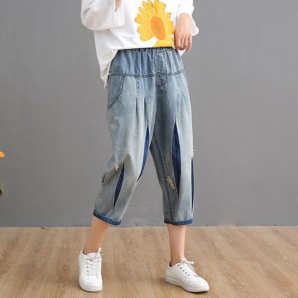 

women's jeans summer women 2021 retro elastic waist loose all-match denim pants ladies casual pocket spliced vintage trousers, Blue