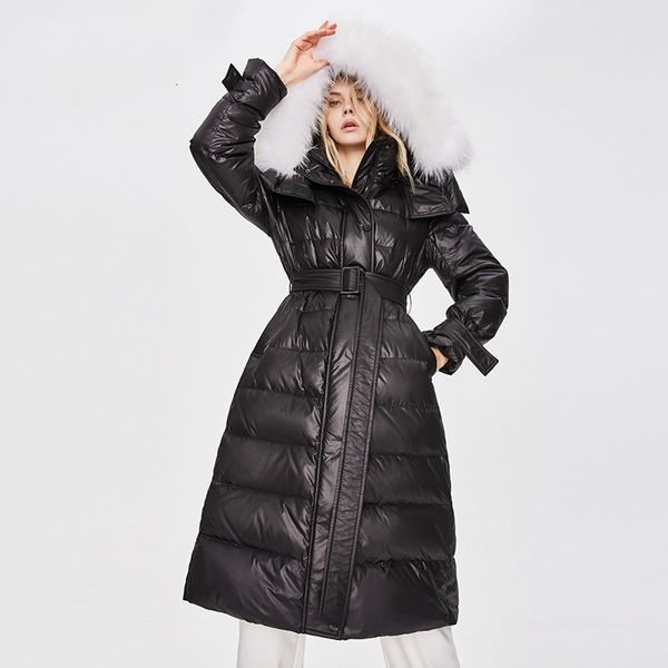 

2021 new warm winter white duck down long jacket raccoon fur collar hooded women coat casaco feminino parkas 4c3q, Black