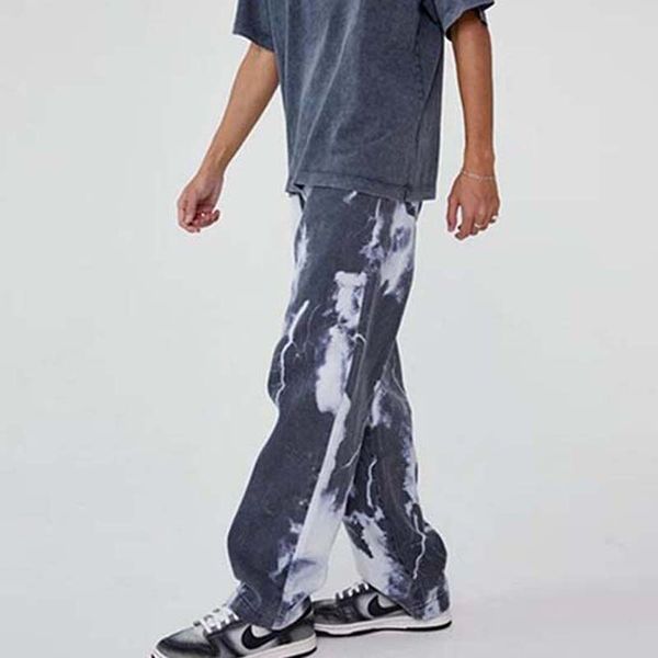

straight pants casual tie-dyed print men denim men's clothing comfort relaxed loose hip hop boys jeans jogger trousers, Blue
