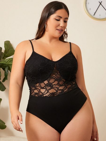 

plus lace insert cami bodysuit j3er#, Black