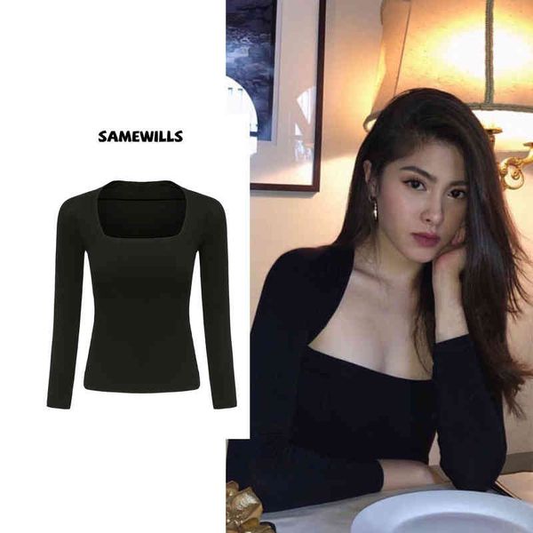 

women's t-shirt ins australian blogger's paper clip large neck slim long sleeve square t-shirt aw kpps, White