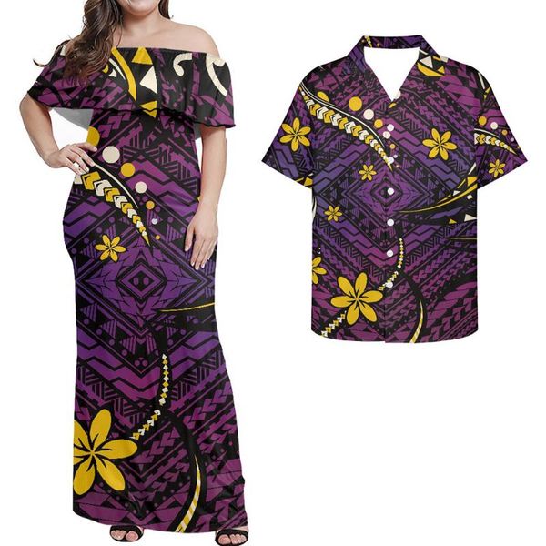 

casual dresses hycool elegant for women polynesian tribal hawaii flower print couple clothing off shoulder dress year 2022, Black;gray