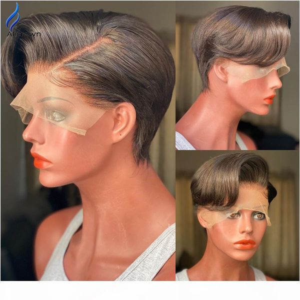 

alicrown pixie cut wigs short bob lace front human hair wigs brazilian lace closure wig natural color non-remy middle ration, Black