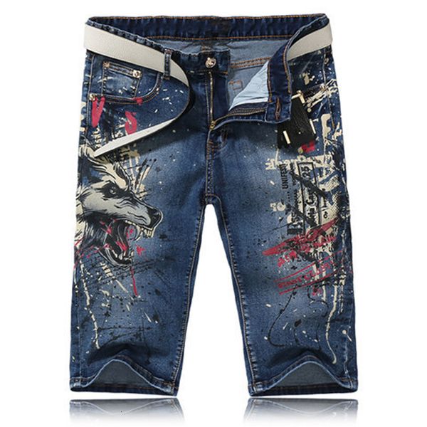 

2021 men's fashion slim wolf print jeans male casual knee length stretch denim shorts 0xht, Blue