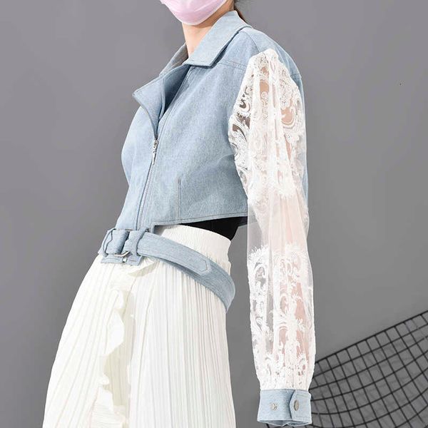 

eam] loose fit lace stitch denim bandage short jacket new lapel long sleeve women coat fashion tide spring 1d63805 201013, Black;brown