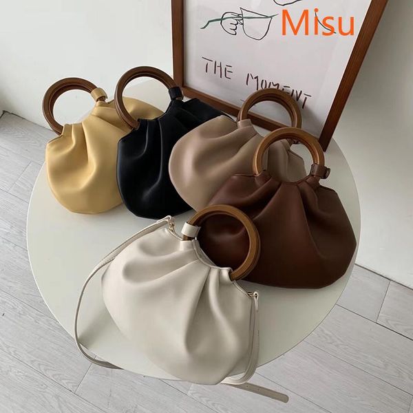 

vintage wooden handle women handbags ruched lady shoulder bags luxury soft pu leather crossbody bag female tote designer purses