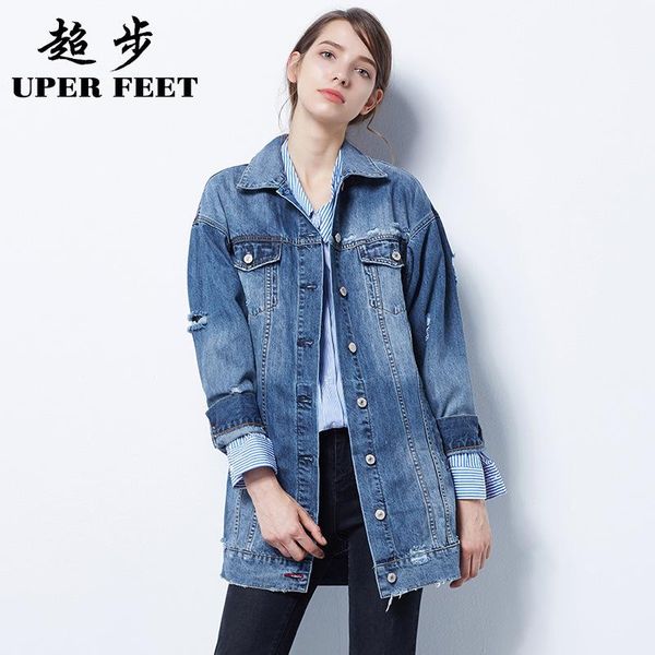 

women's jackets step ultra loose burrs students dress coat lapels long cultivate morality hole denim jacket # 8316, Black;brown