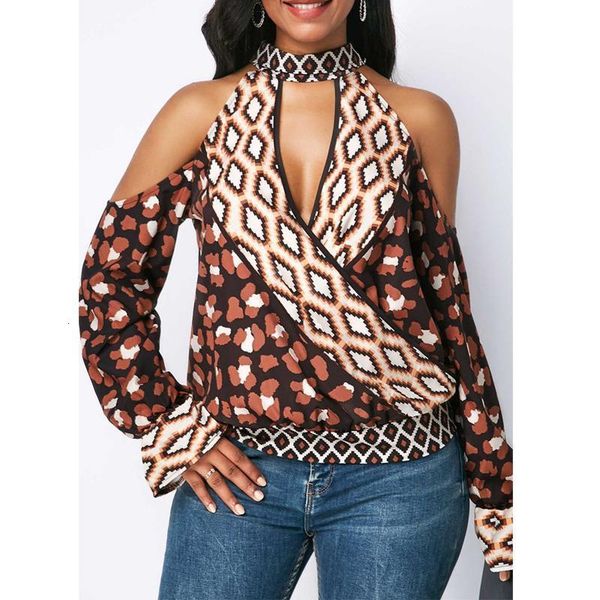 

2021 spring summer leopard print women blouses v neck off shoulder hollow back plus size regular 5xl, White