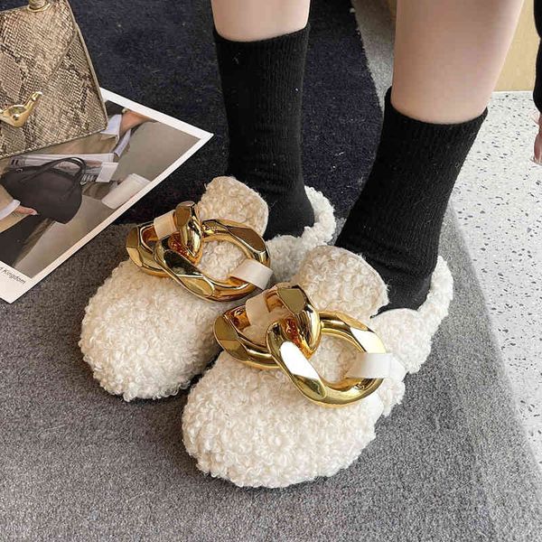 

winter big chain women fur slippers curly lamb hair upper baotou warm black soft flat 2022 fashion ladi
