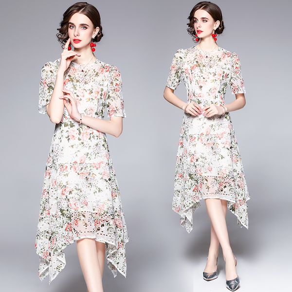 Бутиковое цветочное платье с коротким рукавом полые вышитые летние женские платья высокого класса модная леди нерегулярность платья партии платья