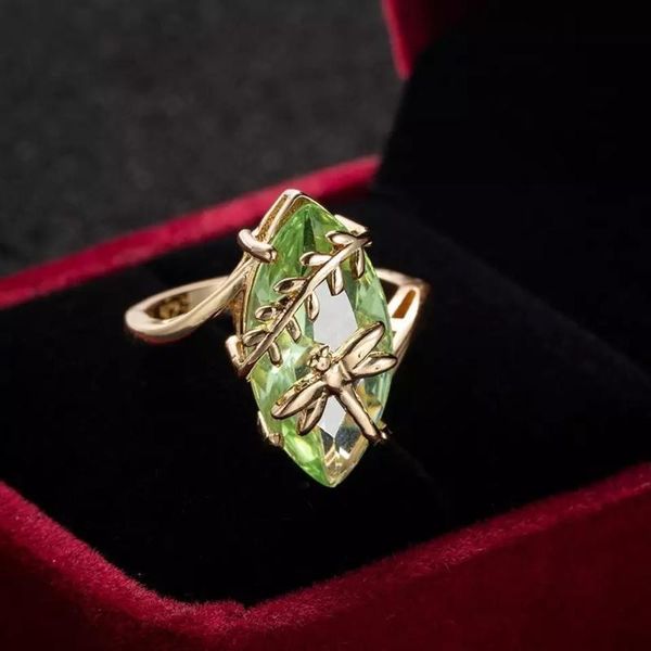 

cluster rings 2021 female ring golden olive green dragonfly unusual zircon for party oval adjustable women finger drop ship, Golden;silver