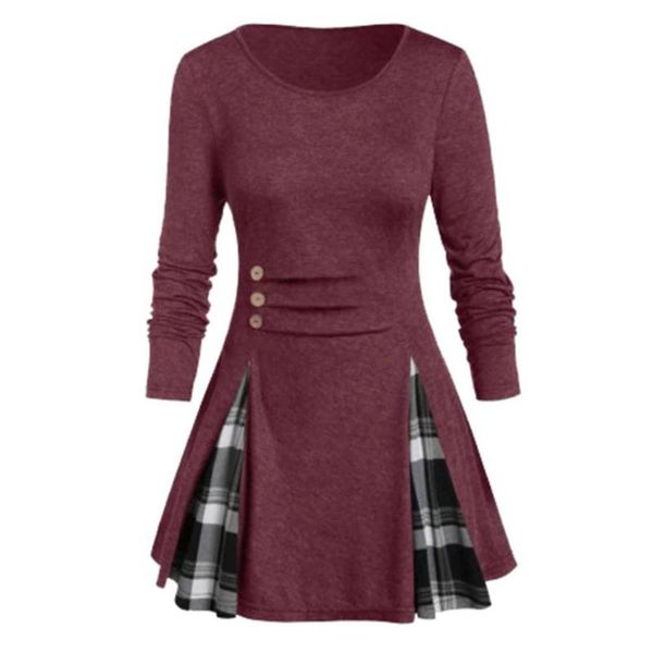 

women's blouses & shirts plus size women o neck long sleeve buttons decor stitching plaid loose blouse, White