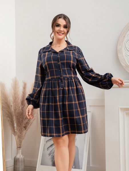 

plus plaid bishop sleeve shirt dress f6hw#, Black