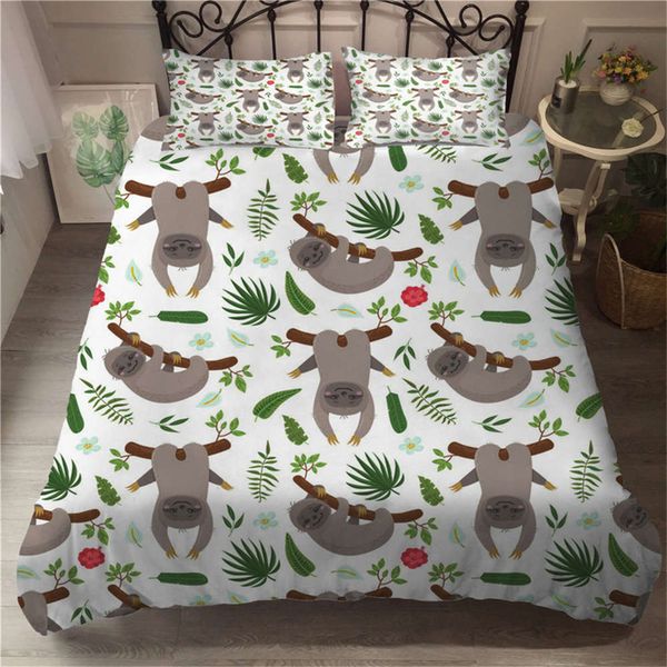 

cute sloth microfiber duvet cover set single double tropical plants leav bed cover pillowcase kids bedroom decor bedspread