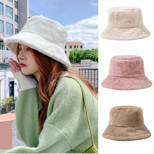 

bucket hat fashion solid color winter thick warm faux fur plush women hats wool fleece ladies panama sun caps, Blue;gray