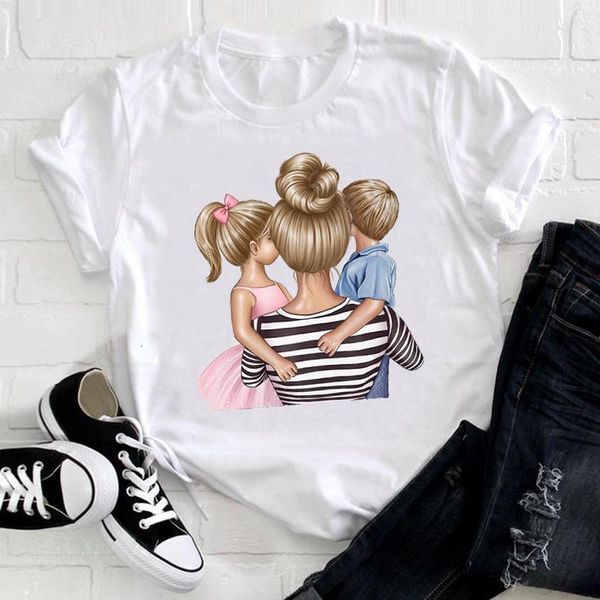 

women cartoon 90s style striped boy son girl daughter mom mama mother clothes print tee tshirt female ladies graphic t-shirt, White