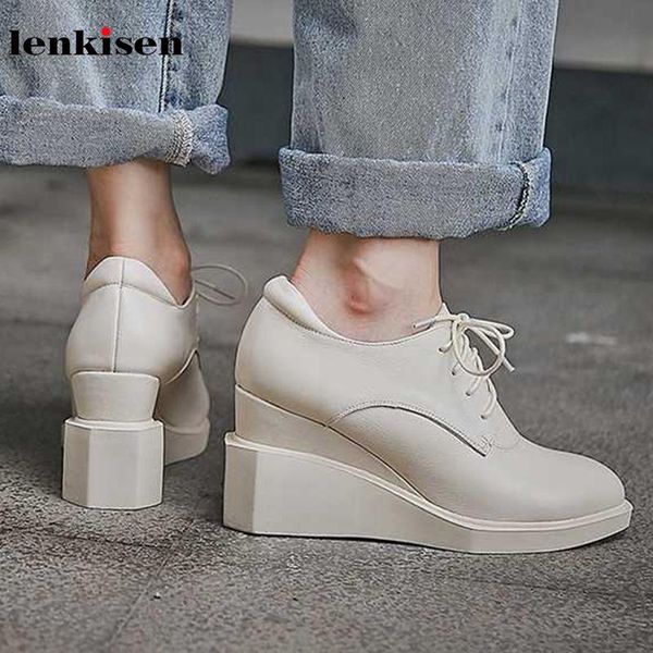 

dress shoes lenkisen genuine leather solid wedges women pumps round toe high heels lace up simple casual style fashion young autumn shoesl21, Black