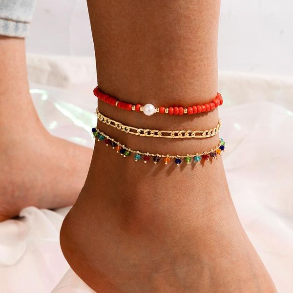 

anklets fashion colorful beaded anklet sets for wommen boho pearl geometry metal multilayer female jewelry 17511, Red;blue