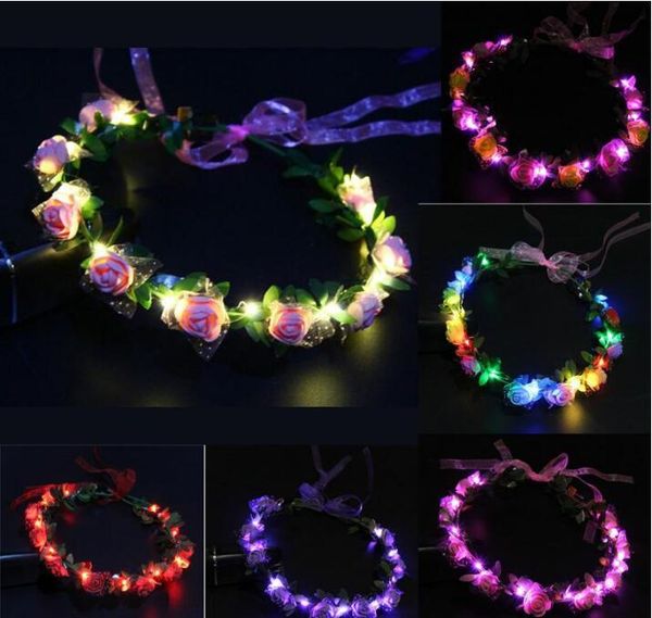 2021 Piscando LED Glow Rose Crown Headbands Light Party Rave Cabelo Floral Guirlanda Coroa de flores de casamento Headpiece Decoração