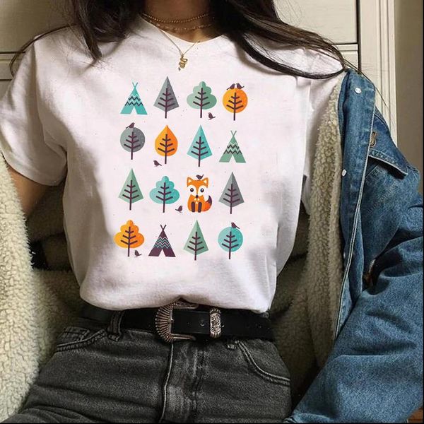 

women lady tees graphic fox cartoon animal casual fashion cute print clothing 90s clothes female t shirt womens t shirt, White