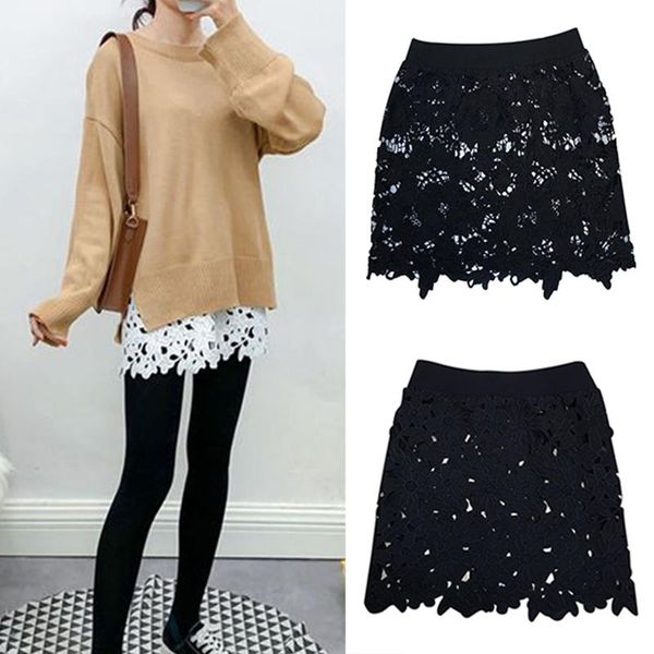 

skirts women ladies high waist white/black base skirt lace a-line hip for winter h9
