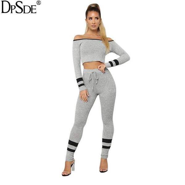 

dpsde 2021 spring women fashion casual movement style long sleeve card shoulder elastic long pants pure color two piece sets, Gray