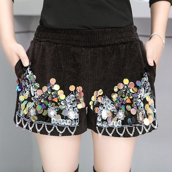 

women's shorts spring autumn winter loose female mid-waist elastic wide leg short pants all-match beaded sequins women casual, White;black