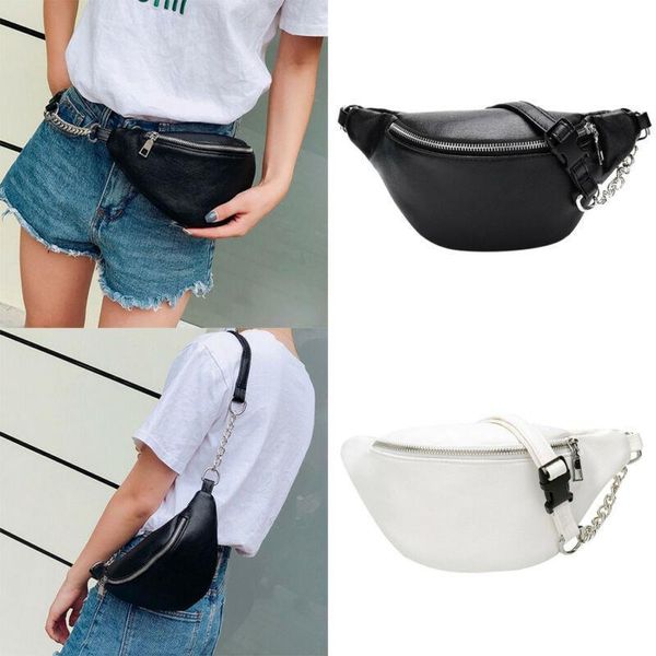 

womens waist bag fanny pack solid pu bag belt purse chains female fashion zipper small purse phone key pouch chest bag