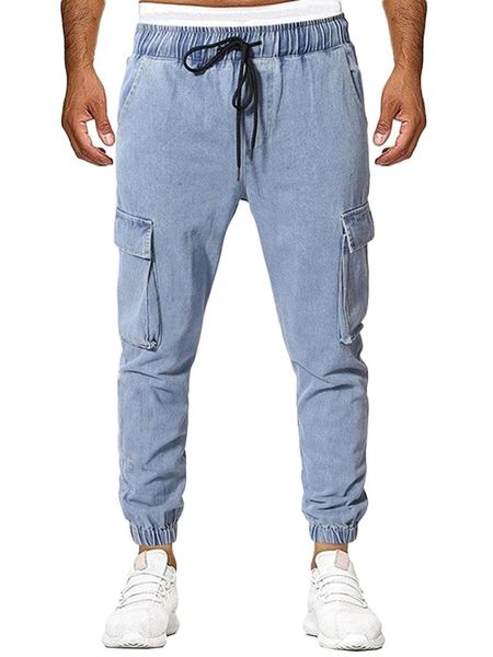 

men's jeans for men solid colour elastic waist drawstring denim pants with pockets cargo fashion streetwear harem trousers, Blue