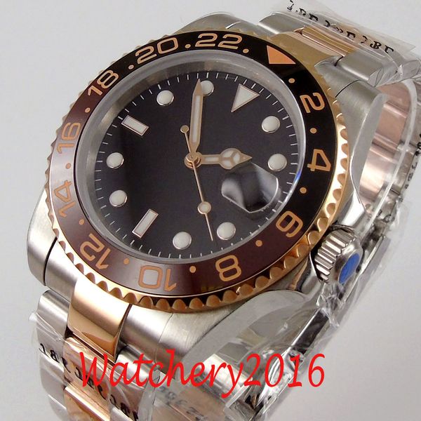 

40mm bliger black scoreboard light-emitting rose gold rotating ceramic spot saffier glass nh35 date automatic gentlemen clock, Slivery;brown