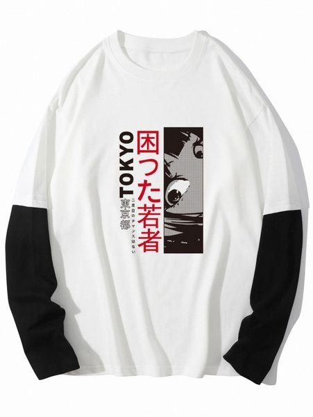 

men color block japanese letter & figure graphic 2 in 1 tee h4ao#, White;black