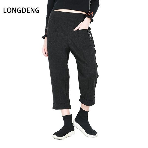 

women's pants & capris longdong fashion 2021 autumn winter casual elastic waist straight pocket women woolen trousers female plus size, Black;white