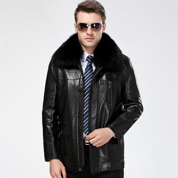 

men's fur & faux mens genuine leather jackets coats clothes winter arrive brand lapel business casual jacket men, Black