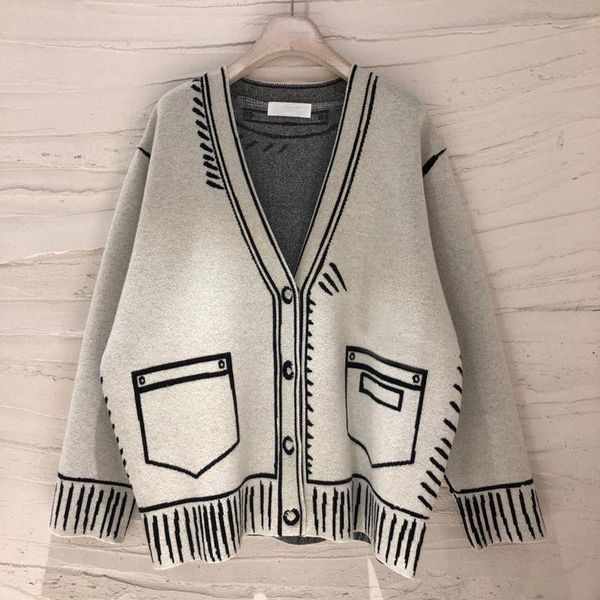 

women's knits & tees [ewq] korea chic black knitted cardigan autumn 2021 v-neck loose single breasted long sleeve sweater coat fashion, White
