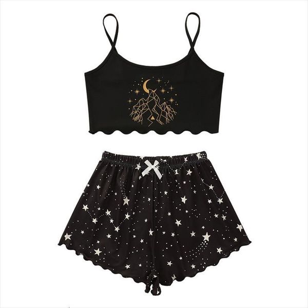 

set moon star eyelash print women sleepwear home fashion nightie gown lingerie tracksuit camis shorts suit pajama sets nightwear, Black;red
