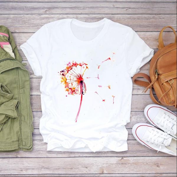 

women dandelion watercolor plant 90s short sleeve fashion print lady t shirts womens graphic t shirt female tee t shirt, White