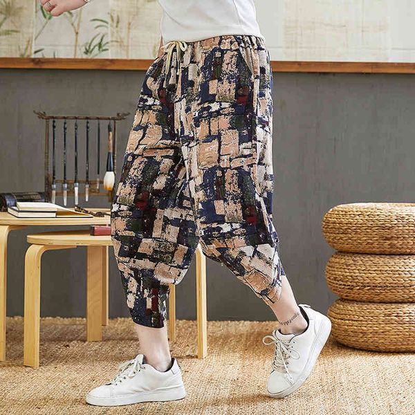 

men's pants loose cotton harem trousers, male, japanese, hip hop, plus size, broad-legged bloomers, calf-length 75q3, Black