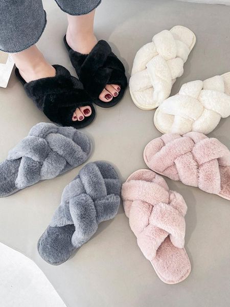 

slippers net cross wool women winter large size plush flat floor mop open-toe warm cotton, Black