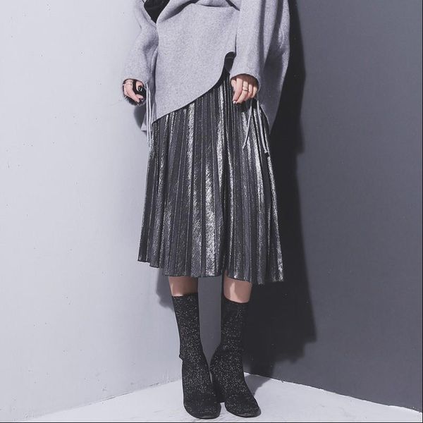 

spring summer women fashion girls skirts women metallic silver skirt midi skirt casual high waist metallic pleated skirt co1, Black