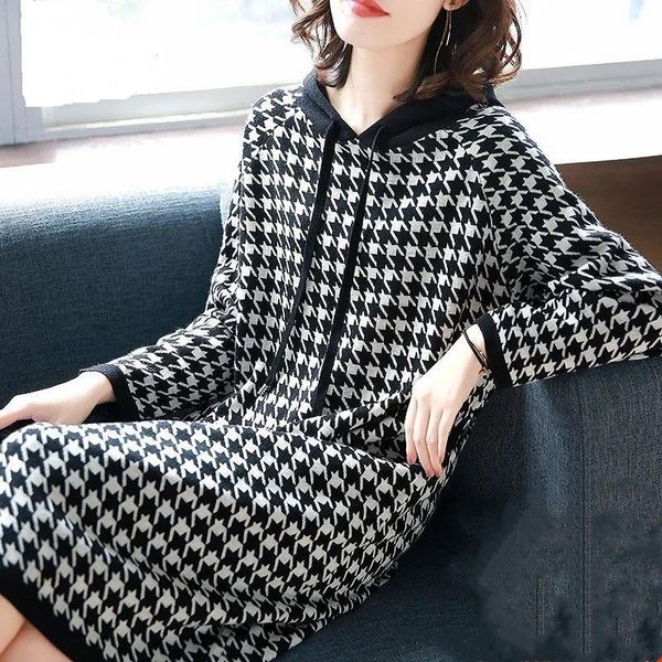 6xl vestidos grandes tamanhos houndstooth vestido primavera vintage manga comprida coreano simples vestido solto vestes diariamente vestido 210309