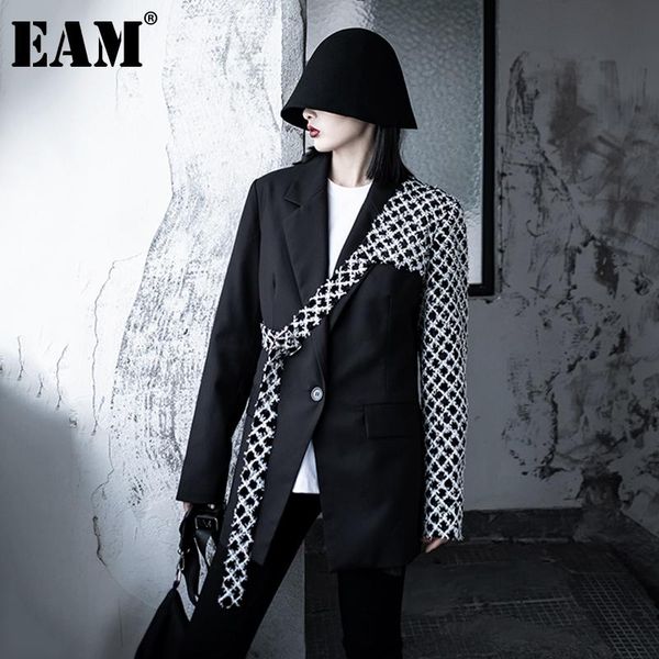 

women's suits & blazers [eam] women pattern printed irregular blazer notched collar long sleeve loose fit jacket fashion spring autumn, White;black