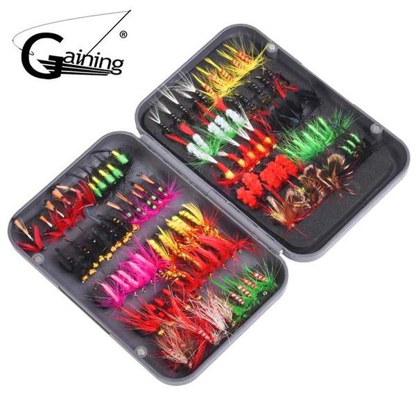 Fly Fishing Flies Kit 100 pcs 20 cores iscas Bass Salmon Trouts Seco / Molhado Pena Isca de penas 211222