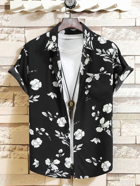 

men random floral print patched pocket shirt without tee g258#, White;black
