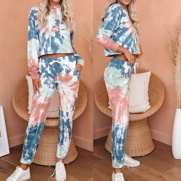 

women's casual long sleeve tie-dye print pajamas home dress set suit clothes, White