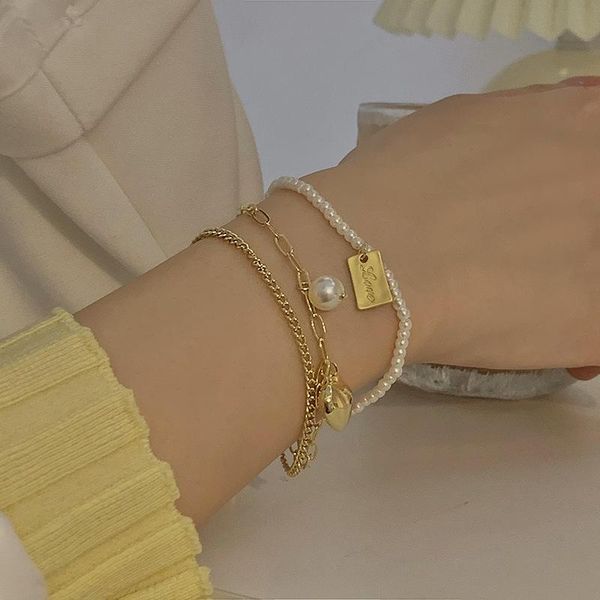 

link, chain korean fashion simple personality pearl love multi-layer bracelet for ladies hand ornaments, Black