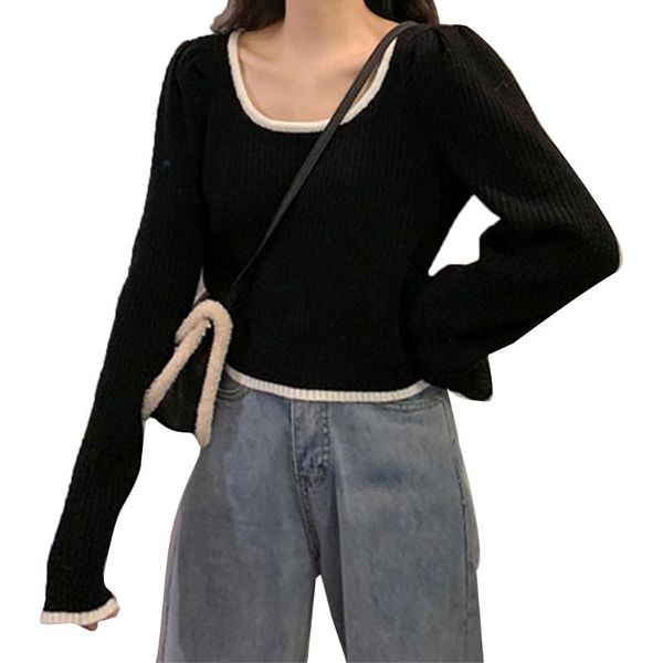 

women's sweaters women vintage puff long sleeve sweater square neck ribbed knit pullover crop contrast color trim slim jumper, White;black
