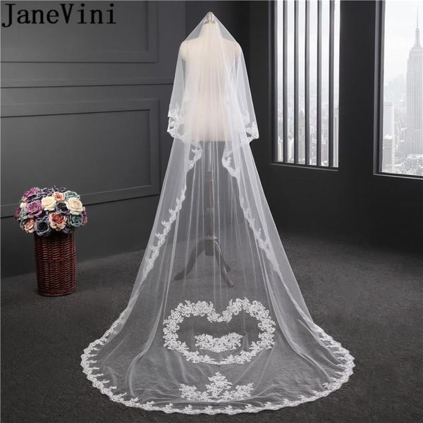 

bridal veils janevini cathedral wedding veil lace white one layer 3 meters no comb long heart-shaped decoration tul velo novia, Black