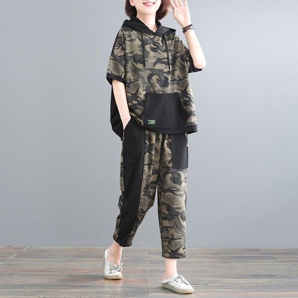 

women's two piece pants cotton big size camouflage women's garments womanly clothes young summer loose with hood short sleeve pant, White