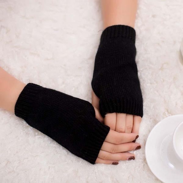 

five fingers gloves mittens 2021 winter women girl knitted arm fingerless warm solid color soft, Blue;gray